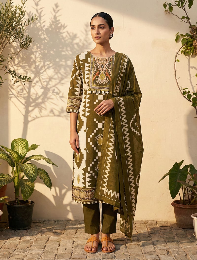 trueBrowns Olive Green Printed Kurta Pant Dupatta Set - Image 1